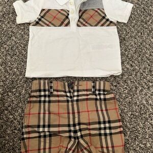 Toddler Short Sleeve Polo & Plaid Shorts Set - White & Beige